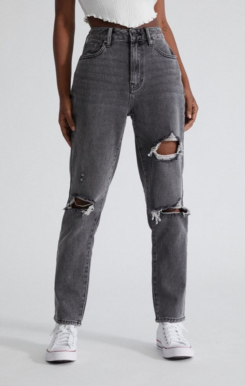 PacSun Faded Ripped Black Denim Mom Jeans Size 25 Distressed Destroyed Casual